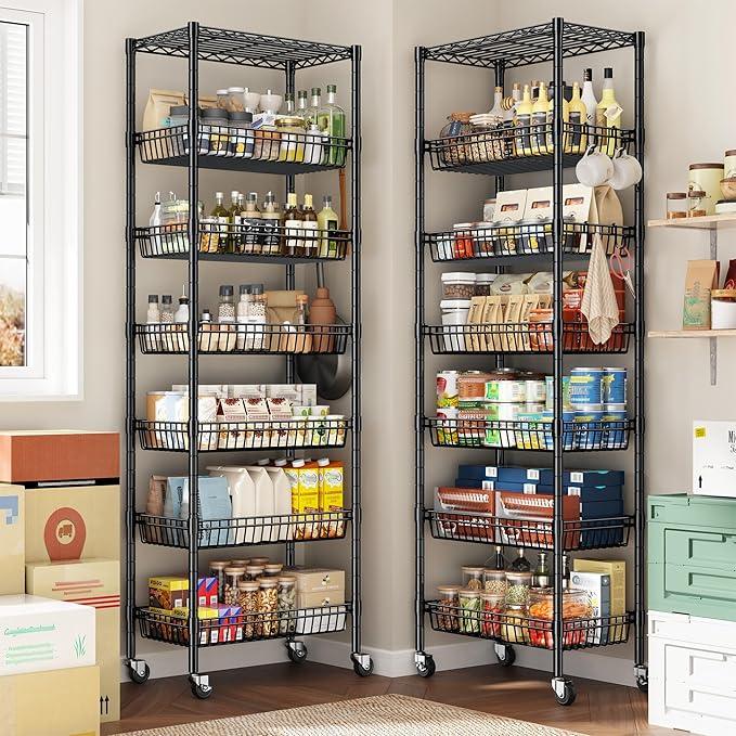 7 Tier Wire Shelving Unit with Wheels 72" H Adjustable Basket Shelf Storage Shelves with Hooks for Kitchen Bathroom Garage Closet Laundry Room Organization 72" H x 24" W x 14" D, Black - ModernBath