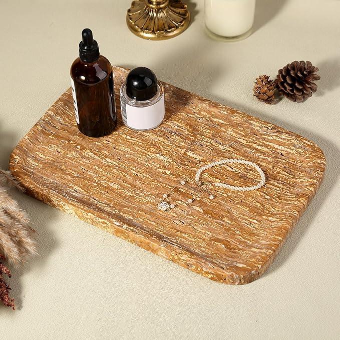 Karibiber Natural Marble Vanity Tray, 11.8" Travertine/Stone Bathroom Tray Countertop, Golden Stone for Perfume Jewelry Holder, Decorative Dresser Organizer, Storage for Kitchen Sink(Walnut Traver) - ModernBath