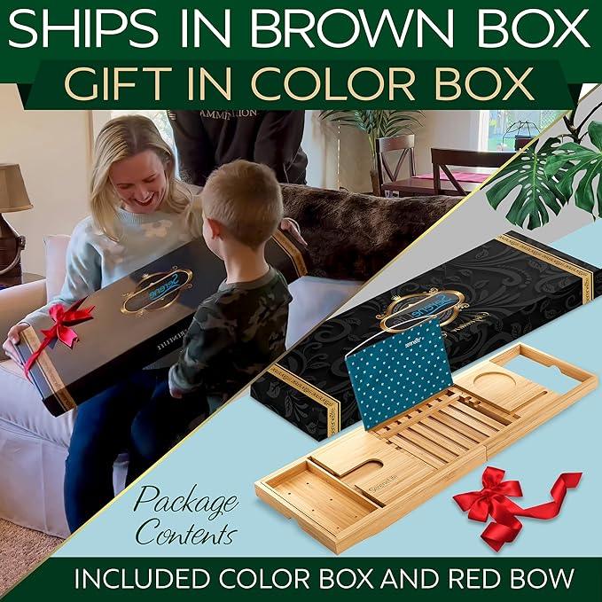 SereneLife Premium Bathtub Tray Caddy with Gift Box and Bow Set, Expandable Bath Tray, Unique House Warming Gifts for Mom, Women, Wedding, Anniversary, Bridal Shower, Fit for All Tub - Classic - ModernBath