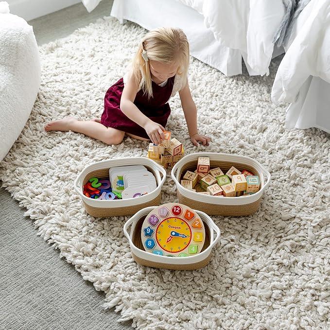 NaturalCozy 5-Piece Rectangle Storage Basket Set- Natural Cotton Rope Woven Baskets for Organizing! Small Basket for Montessori, Baby Nursery, Dog Toy Baskets, Cat Toy Box, Bathroom Organization Bin - ModernBath