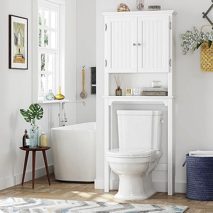 UTEX Over The Toilet Storage Cabinet, Over Toilet Bathroom Organizer with Adjustable Shelves and Double Doors, White - ModernBath