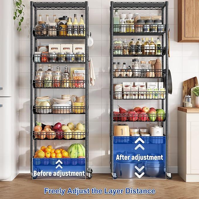 7 Tier Wire Shelving Unit with Wheels 72" H Adjustable Basket Shelf Storage Shelves with Hooks for Kitchen Bathroom Garage Closet Laundry Room Organization 72" H x 24" W x 14" D, Black - ModernBath