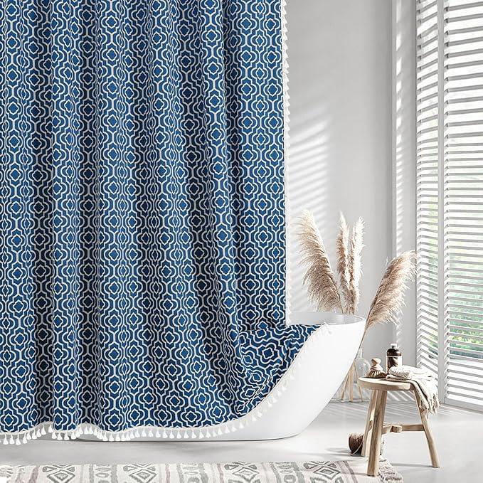 MitoVilla Boho Extra Long Shower Curtain 72 x 84, Modern Farmhouse 84 inch XL Cotton Geometric Texture Tassel Fabric Shower Curtain Set with Hooks for Cottagecore Country Bathroom Decor - ModernBath