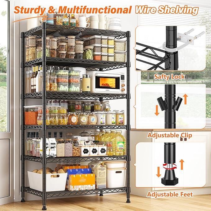 REIBII 6 Tier Shelf Metal Shelving 70"H Storage Shelves Sturdy Wire Rack Shelf Units Adjustable Detachable Storage Shelving Unit for Kitchen Laundry Pantry Garage Commercial 71"H x 21.65"W x 11.8"D - ModernBath