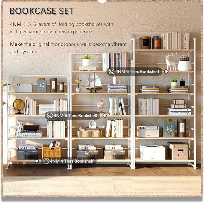 4NM No Assembly Extra Wide 5 Tiers Folding Bookshelf Storage Shelves Vintage Bookcase Standing Racks Study Organizer Home Office (Natural White) - ModernBath