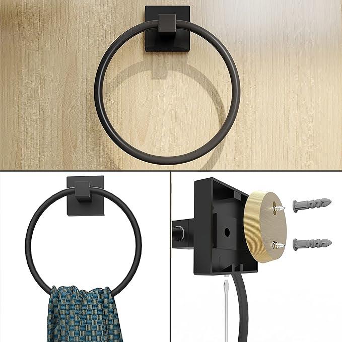 Ruacq Matte Black Toilet Paper Holder Towel Ring Bathroom Accessories Hardware Set Double Post Pivoting Toilet Roll Holder Square Stainless Steel and Zinc Alloy Modern Wall Mounted 2 Pieces - ModernBath