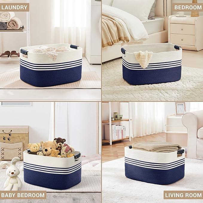 72L Large Laundry Basket with Leather Handles for Living Room Storage, Woven Rope Baskets Bin for Blanket, Kids Toy, Gifts, Wicker Hamper for Bedroom Dirty Clothes, 22"x17"x12" White Navy - ModernBath