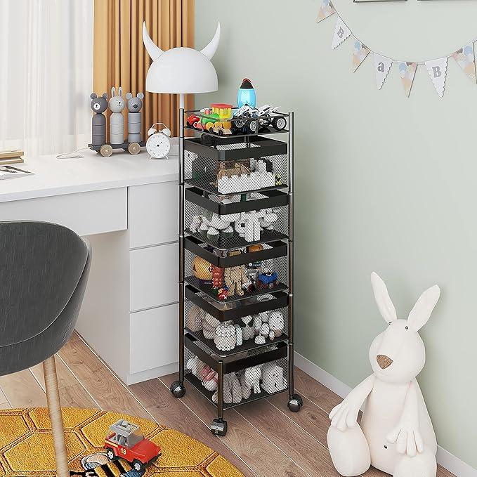 Fruit and Vegetable Basket for Kitchen No Assembly， Rotating Storage Rack,Bathroom Storage Shelf, Kitchen Organizers and Storage Cart on Rolling Wheels(Black, 5 Tier-Square) - ModernBath