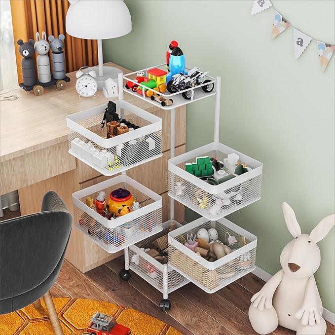 Fruit Basket for Kitchen No Assembly,Rotating Kitchen Storage Rack,Bathroom Shelf, Organizers and Storage Cart on Rolling Wheels，Potato and Onion Storage Organizer(White, 5 Tier-Square) - ModernBath