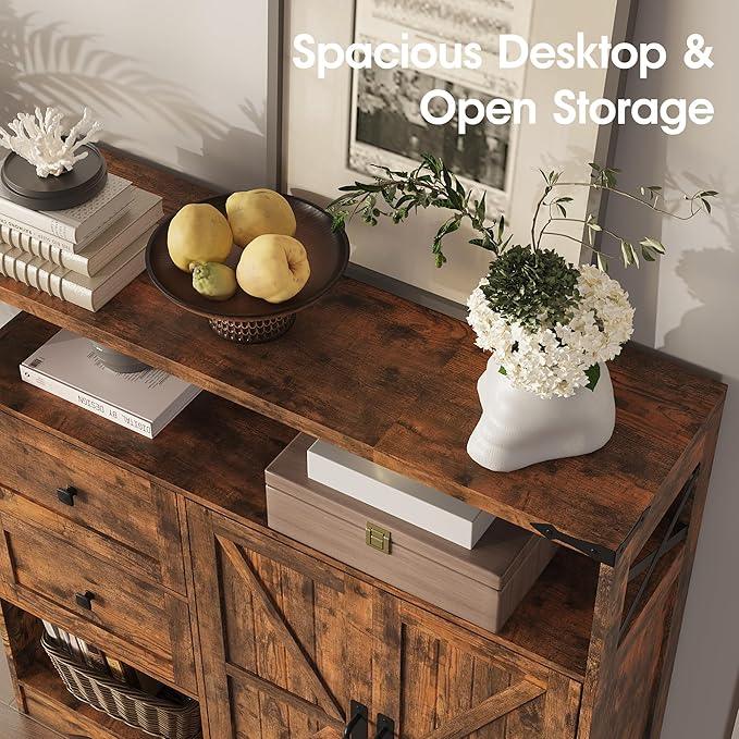 Fameill Farmhouse Storage Cabinet with Drawers and Open Storage,Freestanding Kitchen Pantry with 2 Barn Doors, Floor Cabinet with Adjustable Shelf for Living Room,Brown - ModernBath