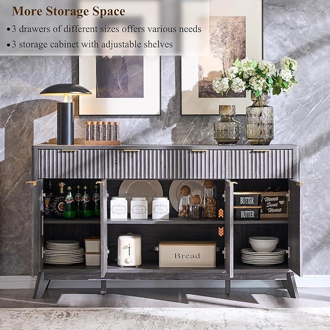 OKD Fluted Storage Cabinet with Drawers, 60" Morden Buffet Sideboard Coffee Bar Cabinet with 4 Doors and 3 Drawers for Dining Room, Living Room,Hallway (Dark Alder) - ModernBath