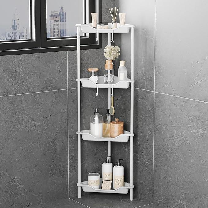 ODesign 4 Tier Corner Shower Caddy,Corner Shower Shelves for Living Room Bedroom Bathroom,Shower Table,Plastic Metal Splicing Ground Cabinet Storage Rack,10.8 x 10.8 x 44.6 inches White-Rustproof - ModernBath