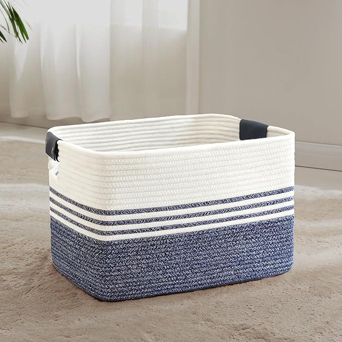 60L Large Laundry Basket with Leather Handles for Living Room Storage, Woven Rope Baskets Bin for Blanket, Kids Toy, Gifts, Wicker Hamper for Bedroom Dirty Clothes, 21"x15"x11" Denim Blue - ModernBath