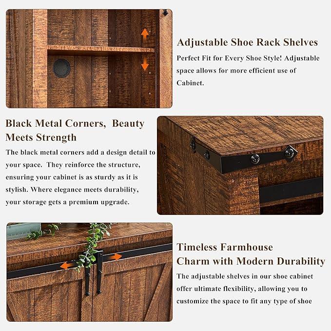 OKD Storage Cabinet with 2 Sliding Door, 7-Tier 62" Tall Farmhouse Entryway Shoe Cabinet, Freestanding Rustic Hidden Shoe Organizer for Entryway, Reclaimed Barnwood - ModernBath
