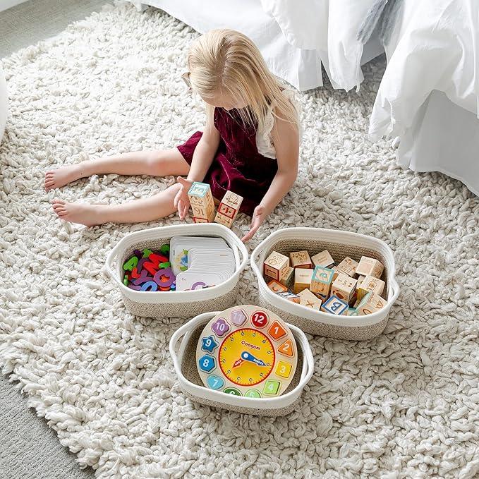 NaturalCozy 5-Piece Rectangle Storage Basket Set- Natural Cotton Rope Woven Baskets for Organizing! Small Basket for Montessori, Baby Nursery, Dog Toy Baskets, Cat Toy Box, Bathroom Organization Bin - ModernBath