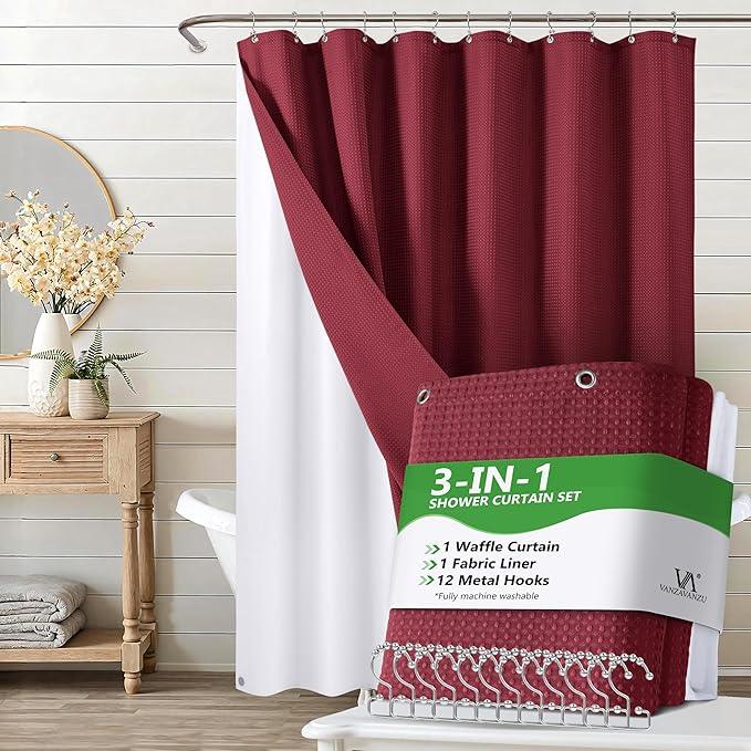Luxury 3 in 1 Shower Curtain Set 3D Textured Waffle Weave Bathroom Curtain with Waterproof SGS Certified Fabric Liner & 12 Anti-Fall Stainless Steel Hooks, Machine Washable 72"x72" (Burgundy) - ModernBath