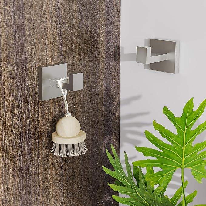Ruacq Towel Hooks for Bathrooms, Heavy Duty Stainless Steel Square Bathroom Hooks, Wall Mounted Towel Hanger for Robe & Coat, Ideal for Kitchen, Bedroom, and Hotel Use(Brushed Nickel, 2 Pack) - ModernBath