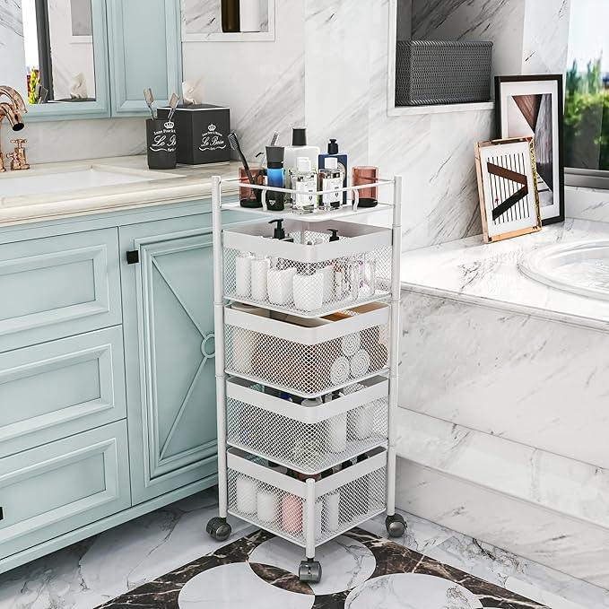 Rotating Kitchen Storage Rack,Fruit and Vegetable Basket Cart,Bathroom Shelf,Kitchen Organization and Storage Rack,Rolling Carts on Wheels(White, 4 Tier-Square) - ModernBath