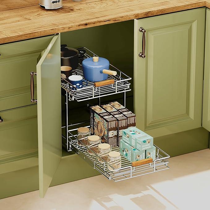 Pull Out Cabinet Organizer(11" W x 21" D), 2 Tier Wire Basket Slide Out Shelf Storage with Wood Handle, Pull Shelf Drawers for 12-1/4” Cabinet Opening, Chrome - ModernBath