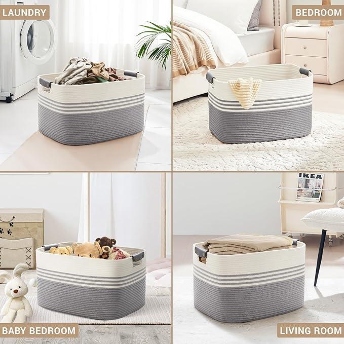 86L Extra Large Laundry Basket with Leather Handles for Living Room Storage, Woven Rope Baskets for Blanket, Kids Toy, Gifts, Wicker Hamper for Bedroom Dirty Clothes, 24"x16"x14" White Grey - ModernBath