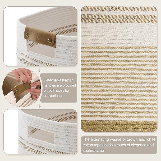 85L Tall Laundry Hamper with Handles for Living Room Storage, Extra Large Woven Rope Baskets Bin for Blanket, Kids Toy, Gifts, Wicker Hamper for Bedroom Dirty Clothes, 17"x14"x22" Khaki - ModernBath
