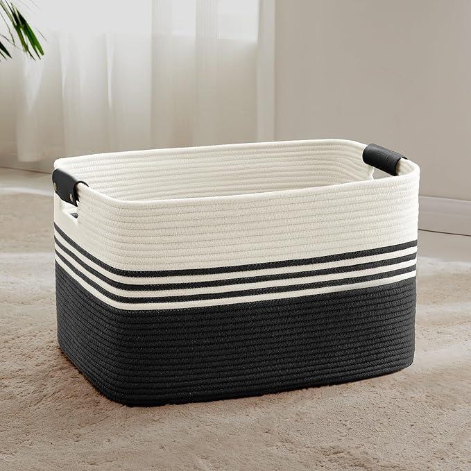 72L Large Laundry Basket with Leather Handles for Living Room Storage, Woven Rope Baskets Bin for Blanket, Kids Toy, Gifts, Wicker Hamper for Bedroom Dirty Clothes, 22"x17"x12" White Black - ModernBath