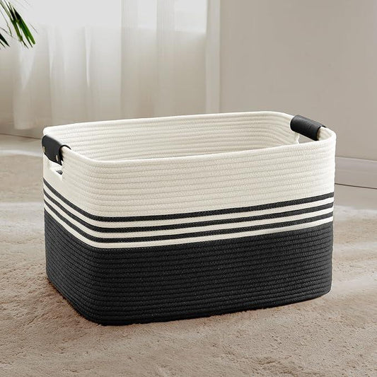 72L Large Laundry Basket with Leather Handles for Living Room Storage, Woven Rope Baskets Bin for Blanket, Kids Toy, Gifts, Wicker Hamper for Bedroom Dirty Clothes, 22"x17"x12" White Black - ModernBath