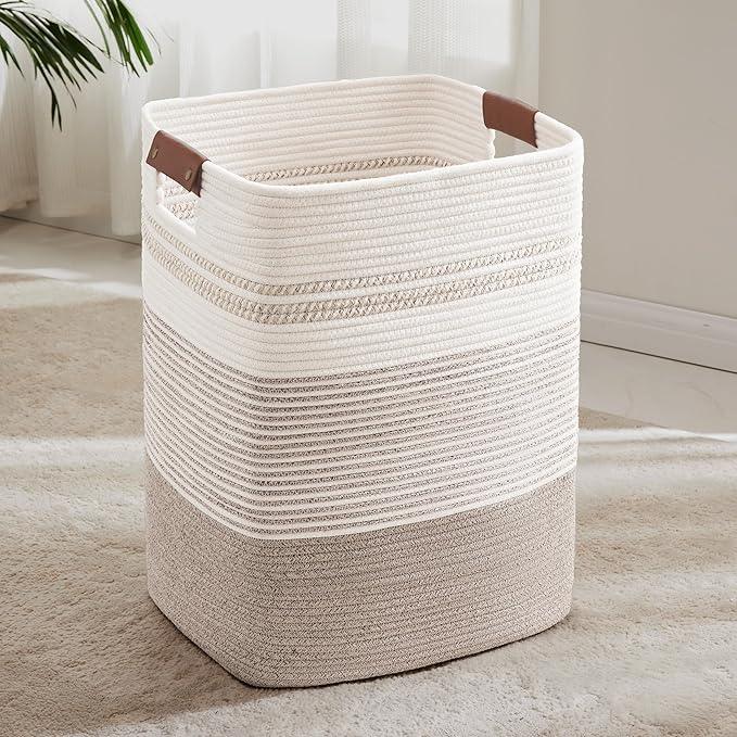 85L Tall Laundry Hamper with Handles for Living Room Storage, Extra Large Woven Rope Baskets Bin for Blanket, Kids Toy, Gifts, Wicker Hamper for Bedroom Dirty Clothes, 17"x14"x22" White Brown - ModernBath