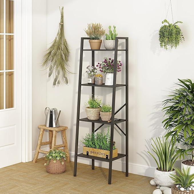 Hoctieon 4-Tier Industrial Ladder Bookshelf, Narrow Ladder Shelf, Tall Standing Bookshelf, Skinny Open Ladder Shelf, for Living Room, Home Office, Kitchen, Bedroom, Metal Frame, Black - ModernBath