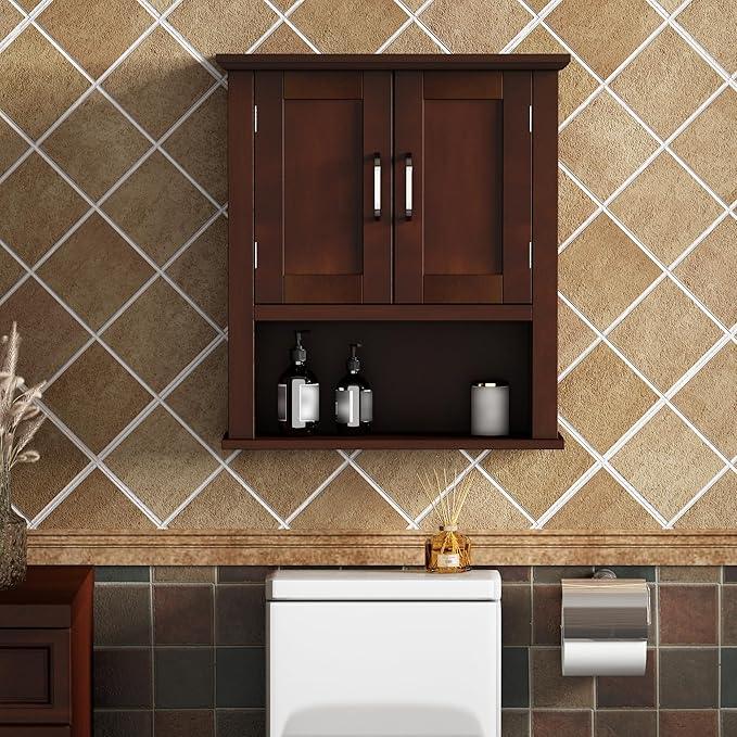 ChooChoo Wood Wall Cabinet with Doors, Medicine Cabinet with Adjustable Shelves Over The Toilet, Rustic Cabinet Wall Mounted for Bathroom, Kitchen, Living Room, Dark Cherry - ModernBath