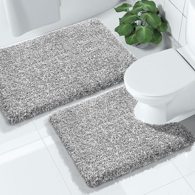 Yimobra Bathroom Rugs Sets 2 Piece, Soft Absorbent Bath Mat and U-Shaped Toilet Rug with Non Slip Backing, Machine Washable, Plush Shaggy Bath Mats for Bathroom, 32"x20"+24"x20", Light Gray and White - ModernBath