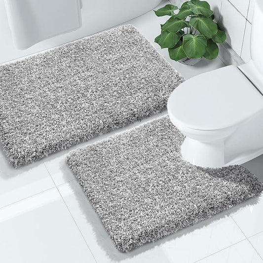 Yimobra Bathroom Rugs Sets 2 Piece, Soft Absorbent Bath Mat and U-Shaped Toilet Rug with Non Slip Backing, Machine Washable, Plush Shaggy Bath Mats for Bathroom, 32"x20"+24"x20", Light Gray and White - ModernBath