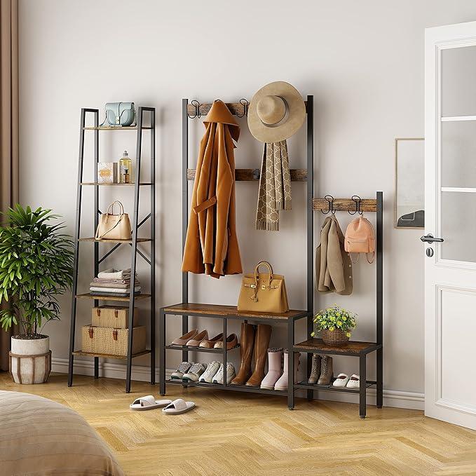Hoctieon Industrial Ladder Bookshelf, Multifunctional Ladder Shelf, 5-Tier Tall Bookshelf, Open Ladder Shelf Bookcase, for Living Room, Home Office, Kitchen, Bedroom, Metal Frame, Rustic Brown - ModernBath
