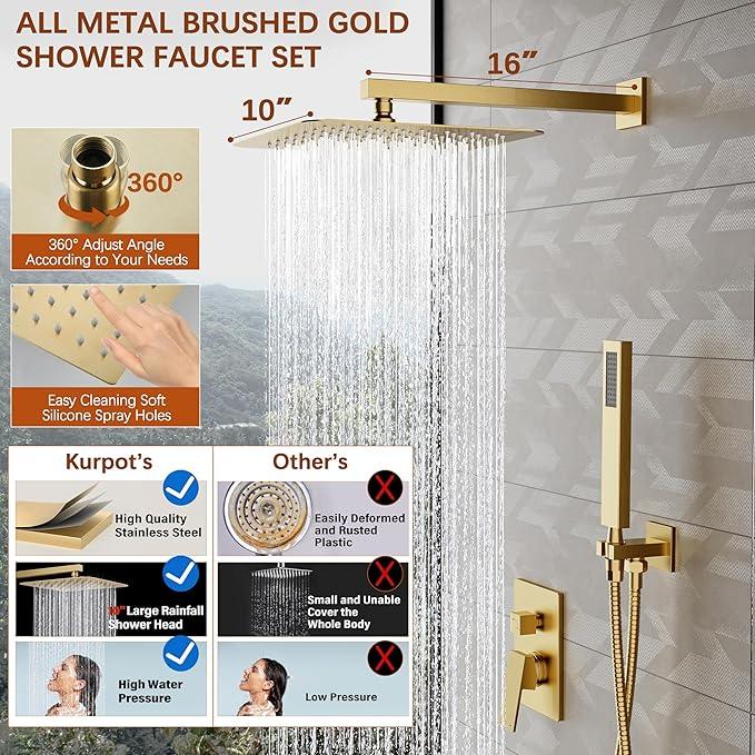 Kurpot Gold Shower System, 10'' Square Rainfall Shower Head with Handheld Combo Spray, Bathroom Brushed Gold Shower Faucet Set with Valve, 59'' Shower Hose, Shower Trim Kit and Diverter, Wall Mounted - ModernBath