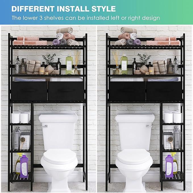 SMIBUY Over-The-Toilet Storage Rack, 6-Tier Bamboo Large Bathroom Organizer with Side Shelves and 2 Drawers, Stable Freestanding Space Saver for Bathroom, Laundry Room(Black) - ModernBath