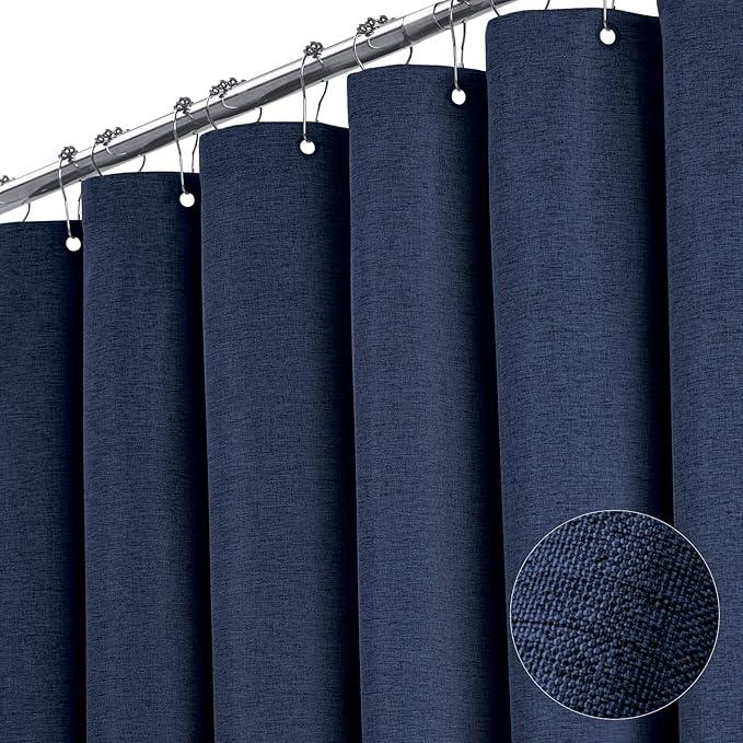BTTN Blue Extra Long Shower Curtain, 72x96 Inch Long Linen Textured Heavy Duty Fabric Shower Curtain Set with 12 Hooks, Tall Decorative Neutral Waterproof Cloth Shower Curtain for Bathroom, Navy Blue - ModernBath