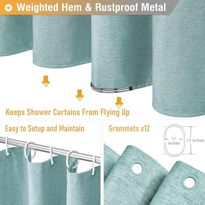 BTTN 78 Inch Long Shower Curtain - Linen Textured Thick Weighted Fabric Shower Curtain Set with 12 Plastic Hooks, Turquoise Tall Neutral Waterproof Polyester Shower Curtains for Bathroom, 72x78, Teal - ModernBath