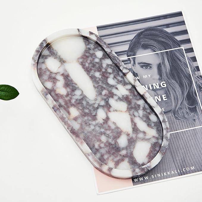 Denique Natural Luxury Calaccata Viola Marble Tray for Bathroom Countertop, 10.2" Vanity Tray Oval Deorative Tray, Countertop Organizer, Jewelry Dish Ring Holder for Dresser - ModernBath