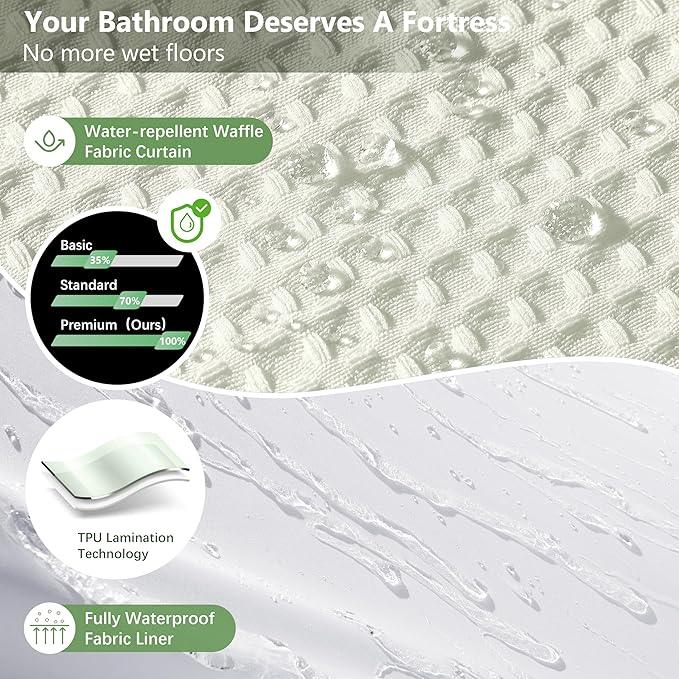 VANZAVANZU Luxury 3 in 1 Shower Curtain Set 3D Textured Waffle Weave Bathroom Curtain with Waterproof SGS Certified Fabric Liner & 12 Anti-Fall Stainless Steel Hooks, Machine Washable 72"x84" (Cream) - ModernBath