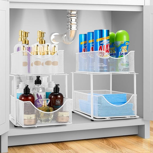 Sorbus 2 Tier Under Sink Bathroom Organizers and Storage, Strong Steel Mesh Sliding Drawers for Enhanced Bathroom Storage Ideal Bathroom Organization and Storage & Under Kitchen Sink Organizer (White)