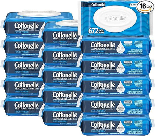 Cottonelle Fresh Feel Flushable Wet Wipes, Adult Wet Wipes, 16 Flip-Top Packs, 42 Wipes Per Pack (672 Total Wipes), Packaging May Vary - ModernBath