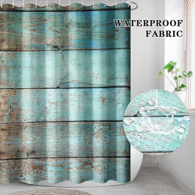 Culudea Turquoise Wooden Shower Curtain Set, Teal Green Blue Bathroom Window Waterproof Shower Curtain Set for Bathroom Decor - ModernBath