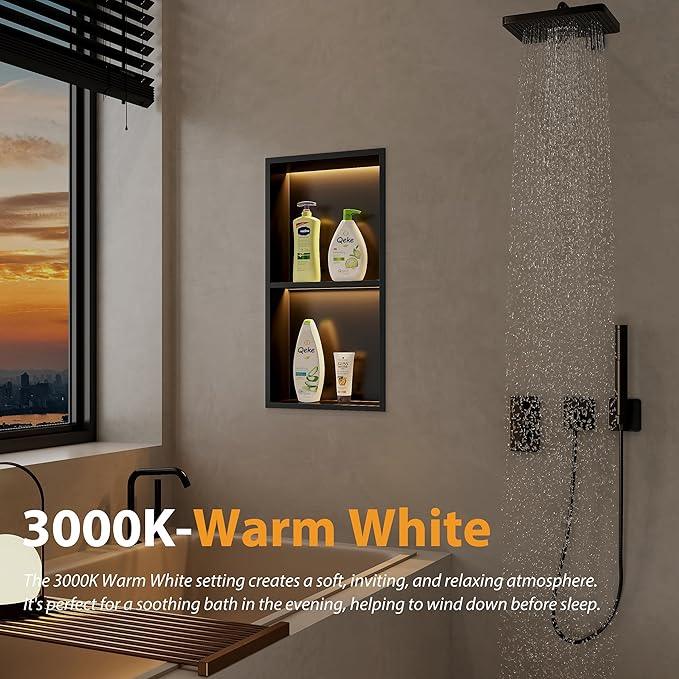 Stainless Steel Shower Niche 12" X 24", No Tile Needed Wall Niche with 3 Selectable Color Temperatures Led Light, Recessed Shower Shelf for Bathroom Storage Over Mount Installation, Matte Black - ModernBath