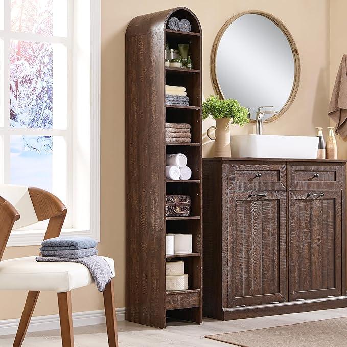 67" Tall Arched Bathroom Storage Cabinet, 8-Tier Modern Farmhouse Storage Cabinet with Adjustable Shelves, Wood Freestanding Cabinet for Bathroom, Living Room, Entryway, Hallway (Brown) - ModernBath