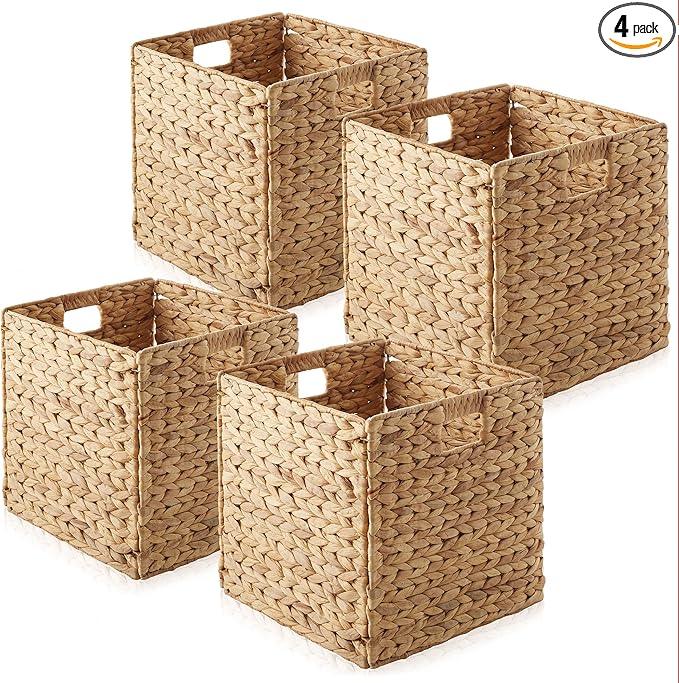 Casafield 12" x 12" Water Hyacinth Storage Baskets, Natural - Set of 4 Collapsible Cube Organizers, Woven Bins for Bathroom, Bedroom, Laundry, Pantry, Shelves - ModernBath