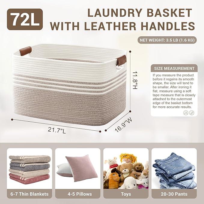 72L Large Laundry Basket with Leather Handles for Living Room Storage, Woven Rope Baskets Bin for Blanket, Kids Toy, Gifts, Wicker Hamper for Bedroom Dirty Clothes, 22"x17"x12" White Brown - ModernBath