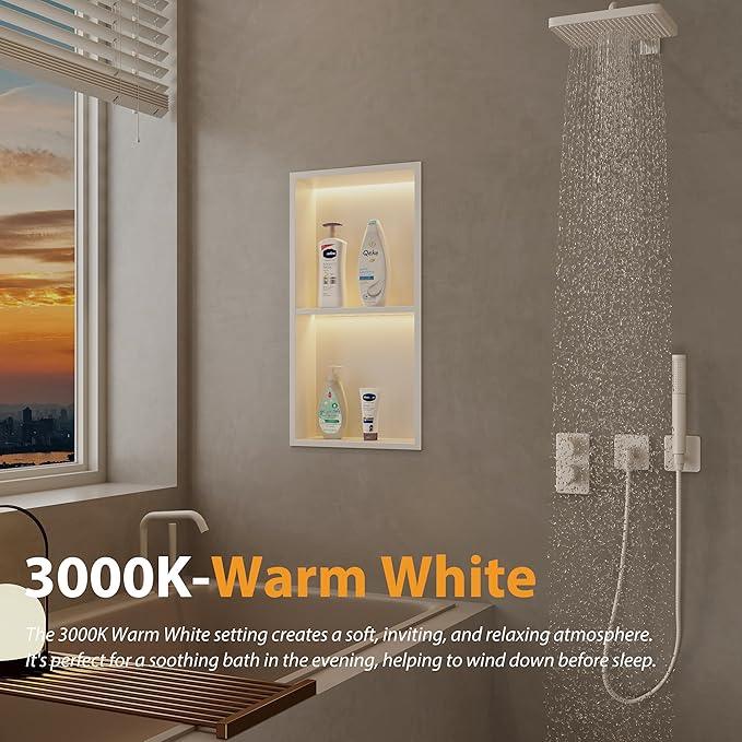 Stainless Steel Shower Niche 12" X 24", No Tile Needed Wall Niche with 3 Selectable Color Temperatures Led Light, Recessed Shower Shelf for Bathroom Storage Over Mount Installation, Matte White - ModernBath