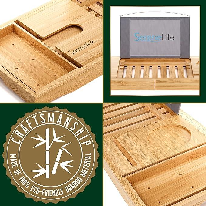 SereneLife Luxury Bamboo Bathtub Caddy Tray - Adjustable Natural Wood Bath Tub Organizer with Wine Holder, Cup Placement, Soap Dish, Book Space & Phone Slot for Spa, Bathroom & Shower - SLBCAD20 - ModernBath