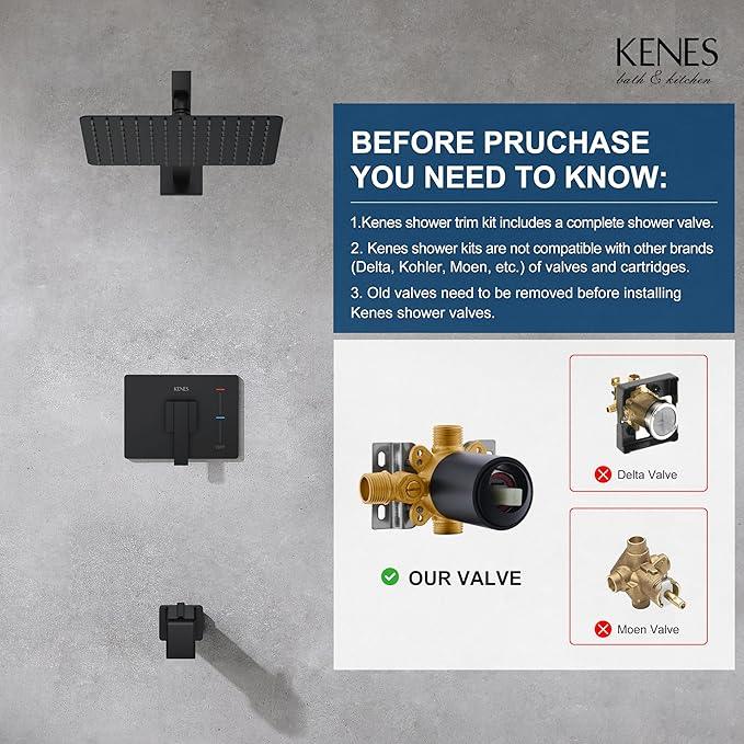 KENES Matte Black Tub Shower Faucet Set Complete with 10-Inch Rainfall Shower Head and Tub Spout, Square Tub and Shower Trim Kit, KE-6024A-2 (Shower Valve Included) - ModernBath