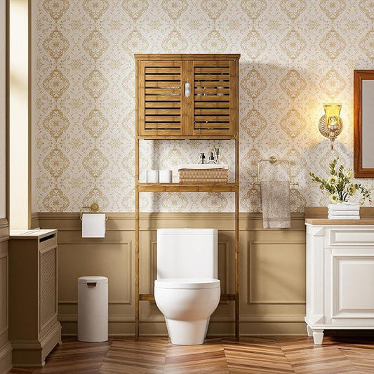 SMIBUY Bathroom Storage Shelf with Cabinet, Bamboo Over-The-Toilet Organizer Rack, Freestanding Toilet Space Saver with 3-Tier Adjustable Shelves (Walnut) - ModernBath